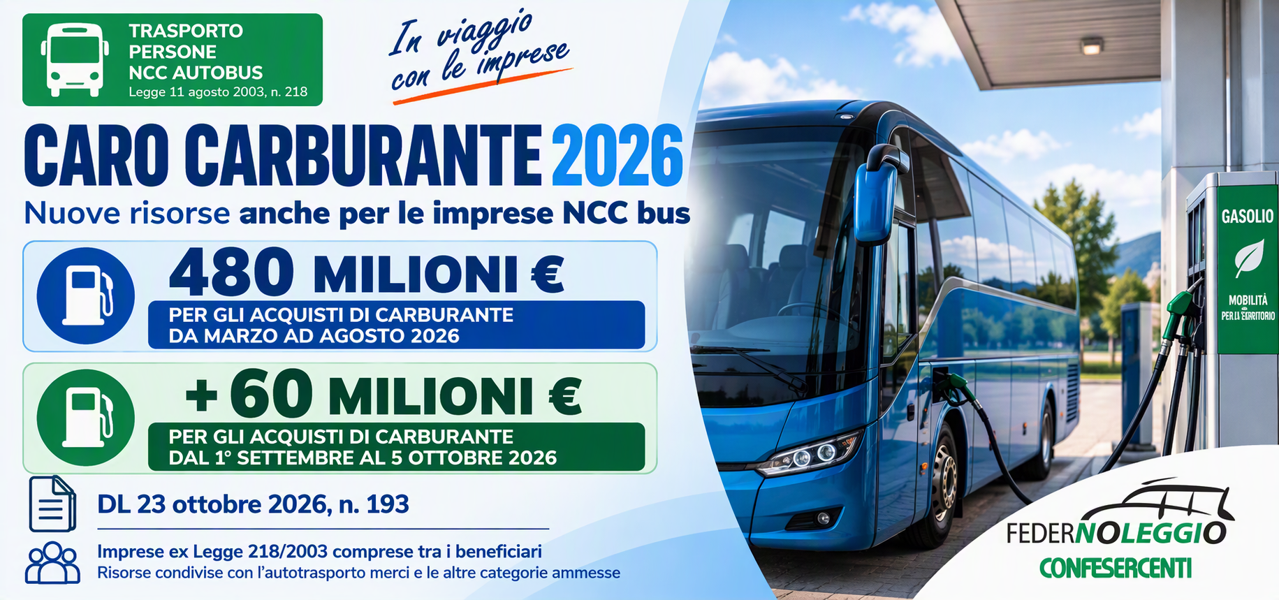 CARO CARBURANTE: NUOVE RISORSE PER NCC BUS